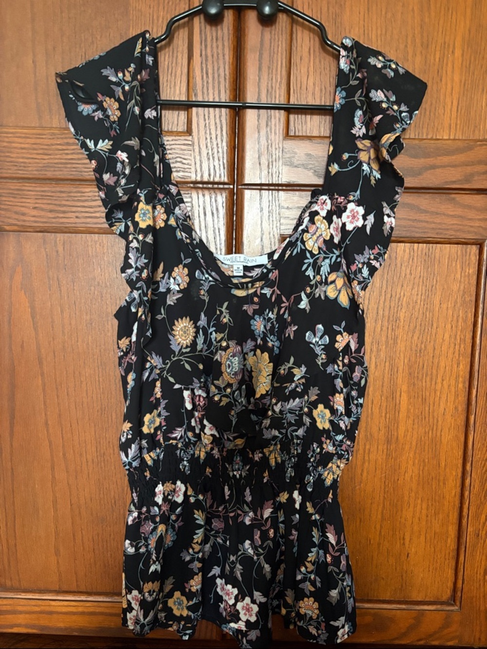 Sweet Rain Black Floral Peplum blouse ruffle sleeveless boho top size M